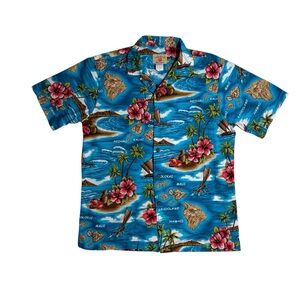 Hawaiian islands blue water all over print button down shirt men’s size small